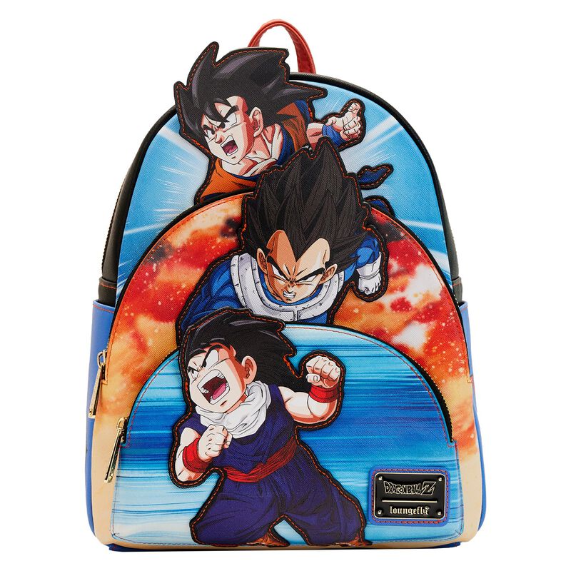 Triple pocket backpack featuring Goku, Vegeta, and Gohan on each pocket.